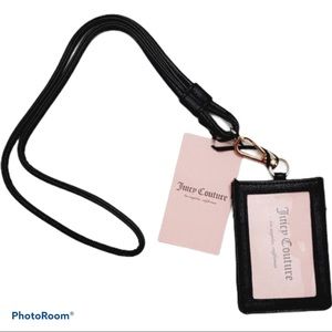 NEW! JUICY COUTURE ID Card Money Holder Leather Signature Logo Lanyard Black